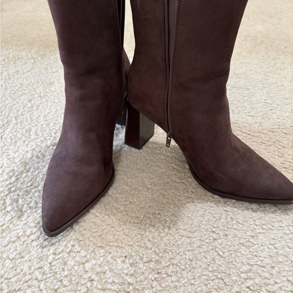 a new day Brown Suede Pointed-Toe Mid-Calf Heeled Boots